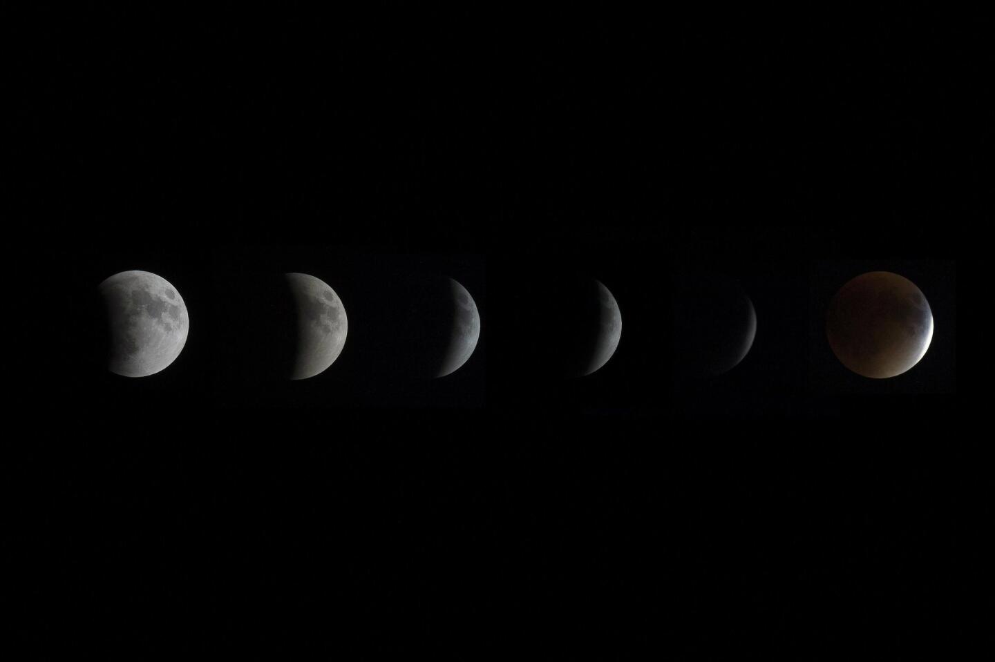 This composite image shows the progression of the total lunar eclipse to a Blood Moon in Centreville, MD.