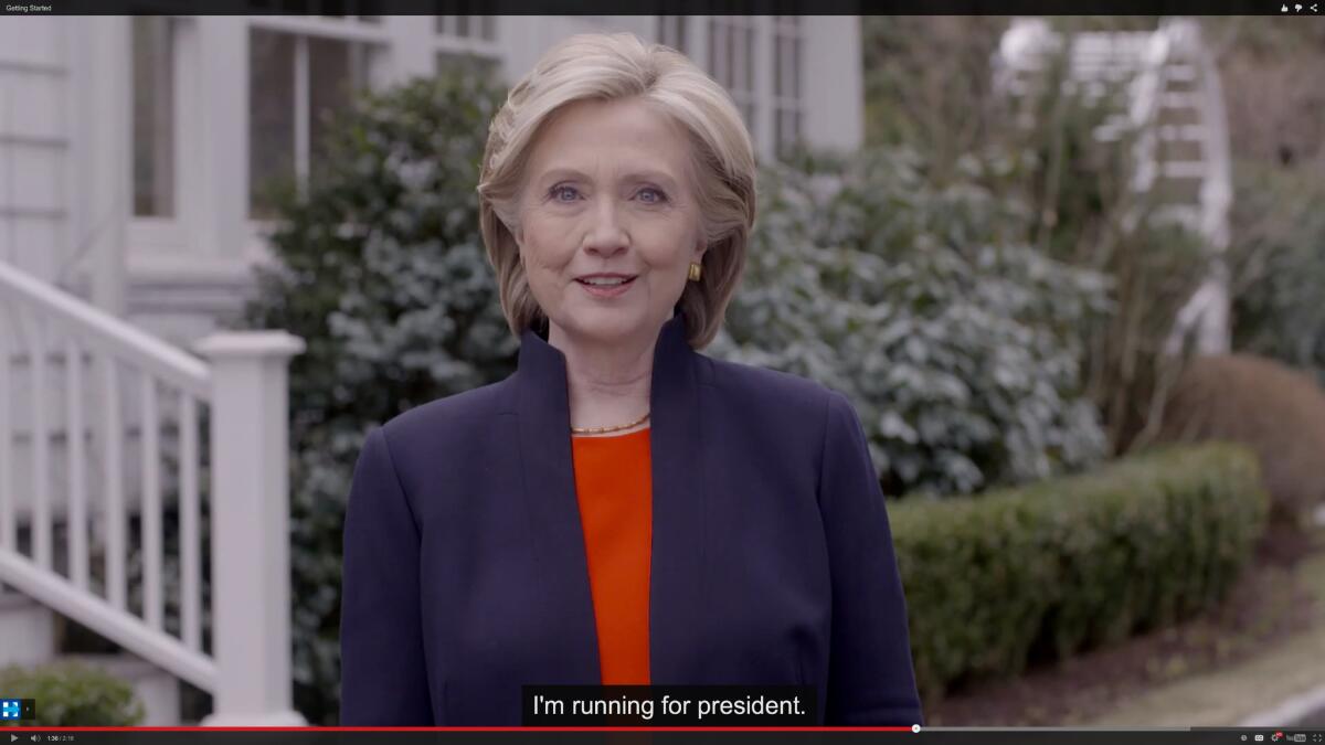 In this image taken from video posted to hillaryclinton.com on Sunday, April 12, Hillary Rodham Clinton announces her campaign for president.