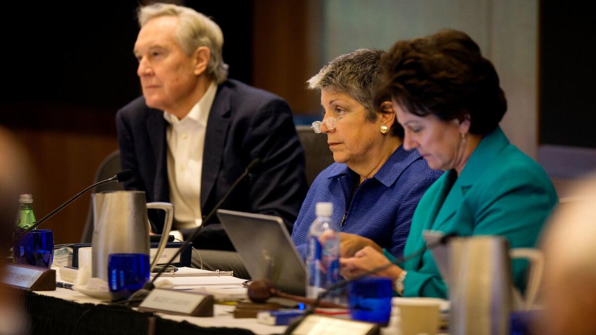 L.A. attorney George Kieffer, left — with UC President Janet Napolitano, center, and outgoing board chairwoman Monica Lozano — is "revved up" about taking helm of the UC Regents.
