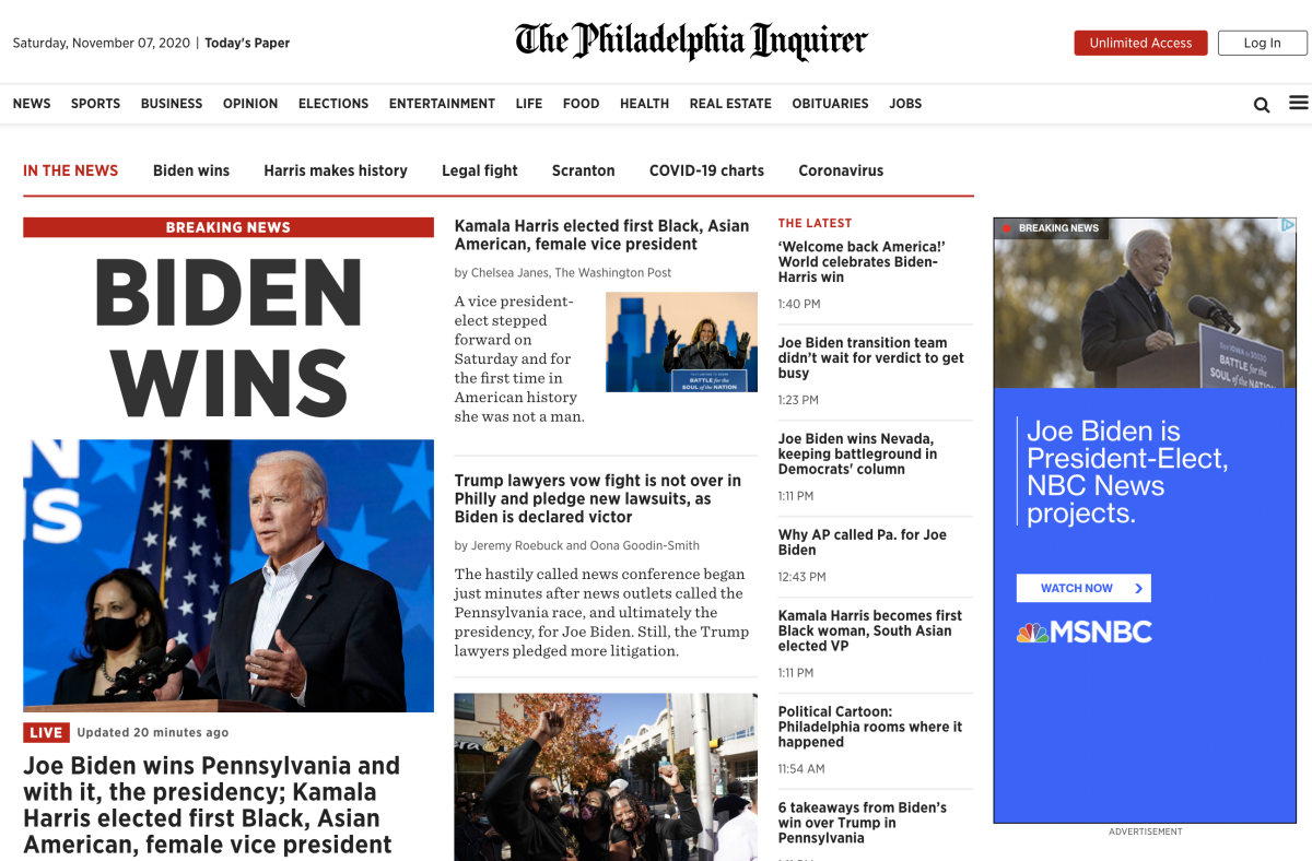 This is the philly.com homepage after Joe Biden was elected president.