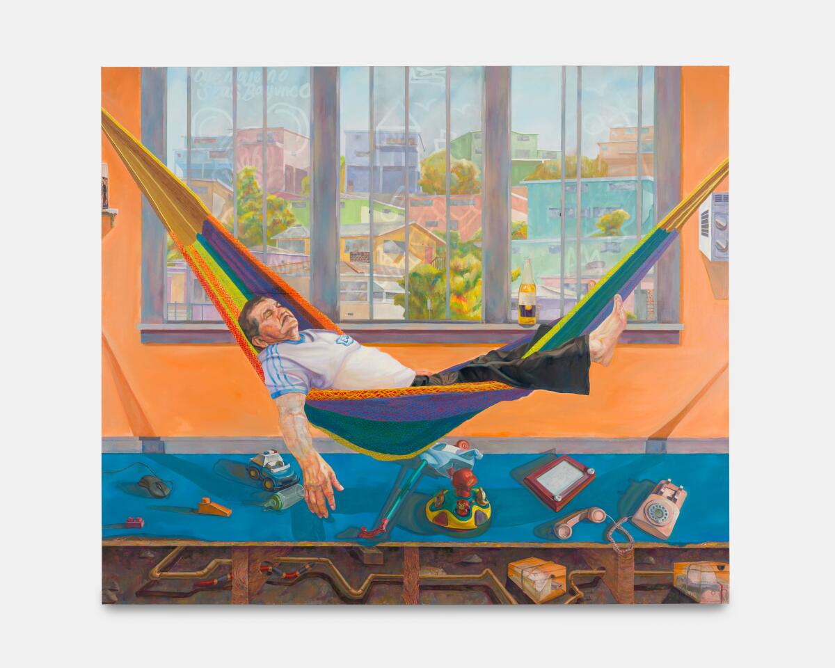 A colorful painting shows a man sleeping in a hammock