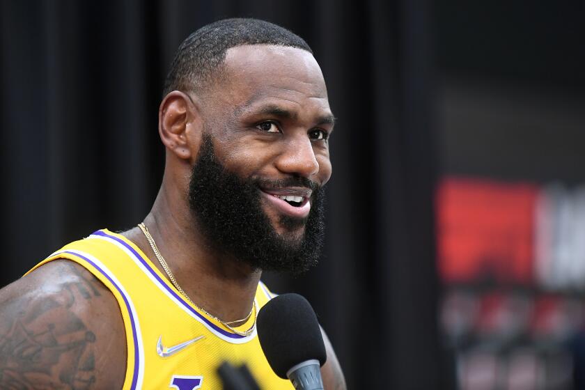 El Segundo, CA. September 28, 2021: Lakers LeBron James does an interview during media day at the UCLA Health Training Center in El Segundo Tuesday. (Wally Skalij/Los Angeles Times)