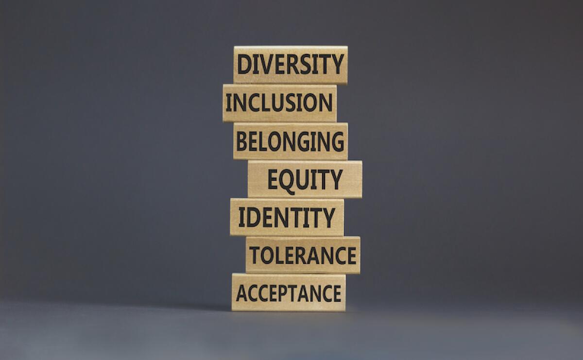 A stack of words that includes "diversity," "inclusion" and "tolerance."