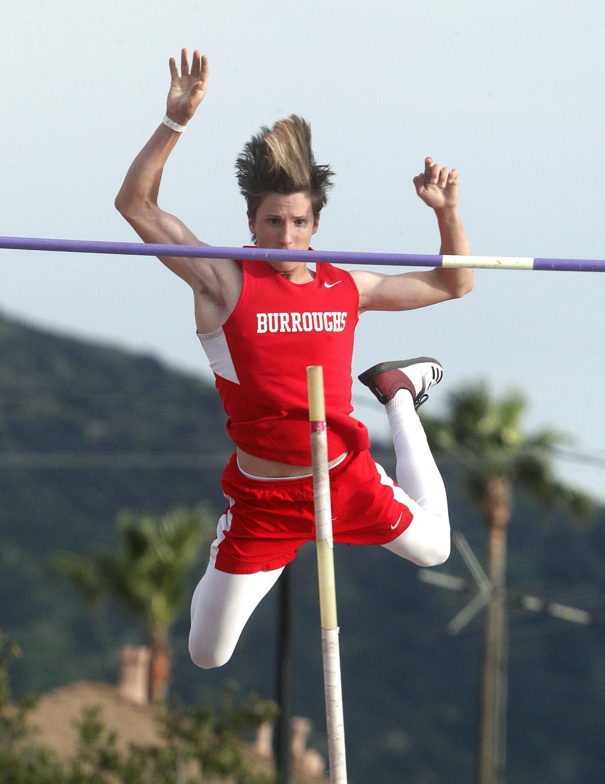 Burroughs junior Eli Gault-Crabb has found a way to stay in shape and practice pole vaulting as other athletes are figuring out how to maintain conditioning during the coronavirus outbreak.
