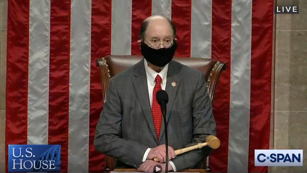 Rep. Brad Sherman (D-Northridge) wears a face covering as he presides over a brief session of the House of Representatives.