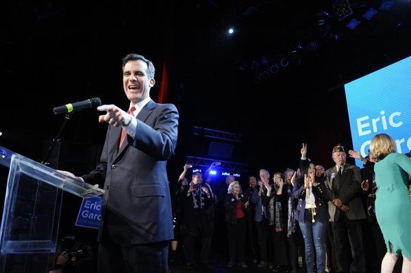 Eric Garcetti points to the crowd during his election-night speech at the Avalon on Vine Street.