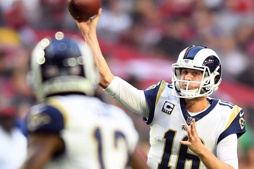 PHOENIX, ARIZONA DECEMBER 23, 2018-Rams quarterback Jared Goff throws a pass against the Cardinals at State Farm Stadium in Phoenix Sunday. (Wally Skalij/Los Angeles Times)
