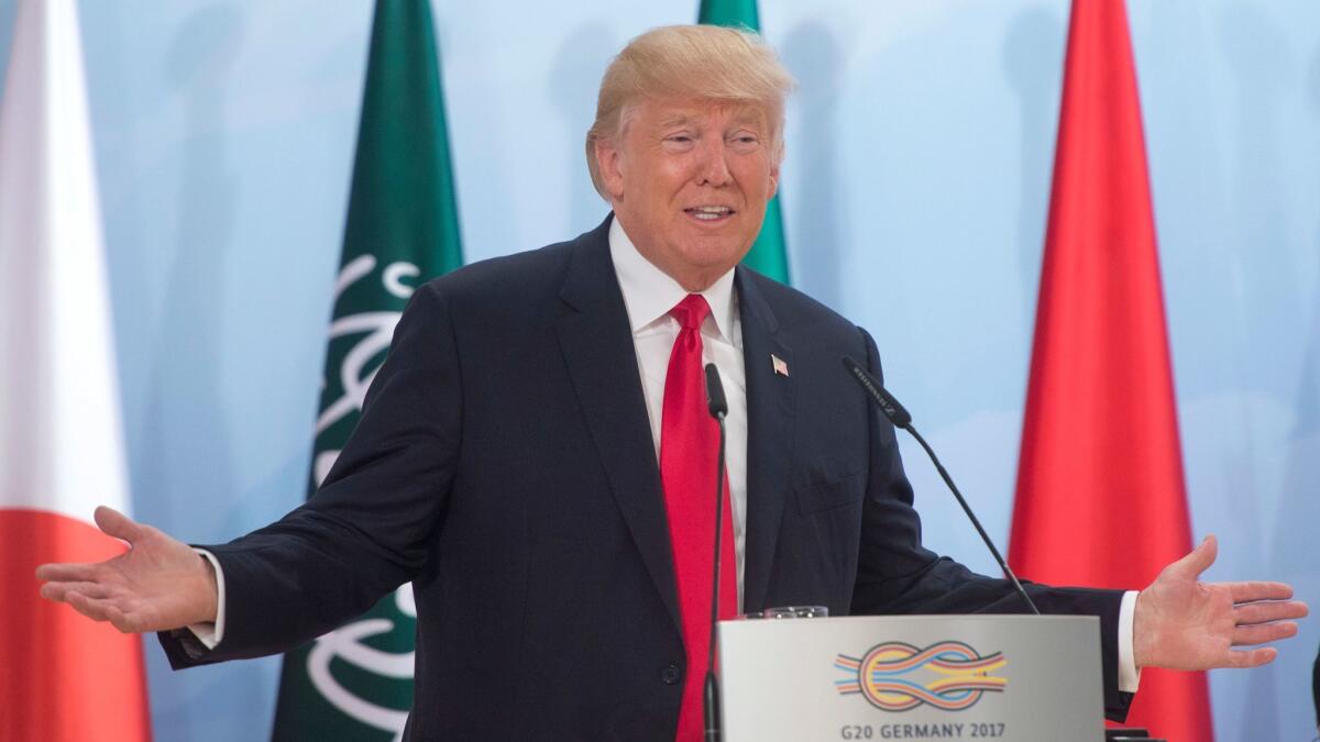 President Trump speaks at the G-20 summit Saturday in Hamburg, Germany.