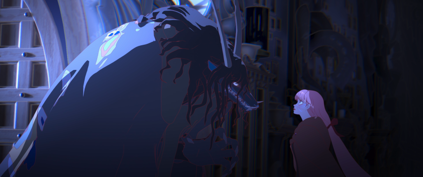 An animated girl with pink hair confronts a large beast.