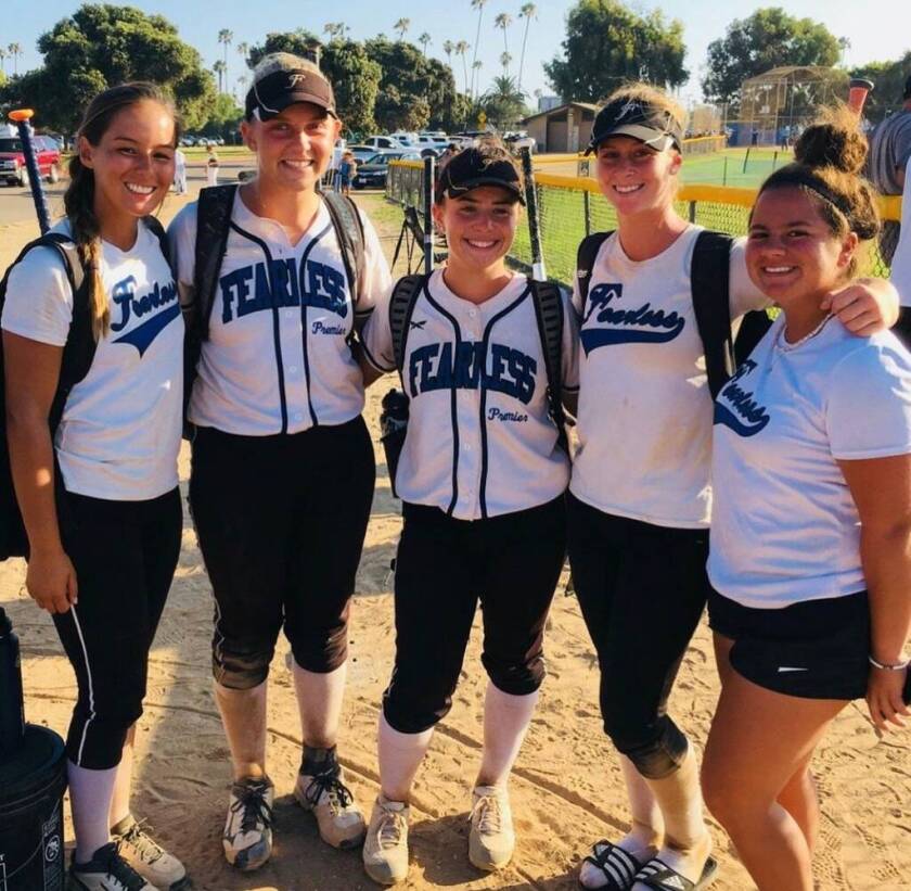 Then-teammates Savannah Ames, Maddie Jacobs, Faith Via, Rileigh Taylor and Autumn Perry after a travel ball tournament.