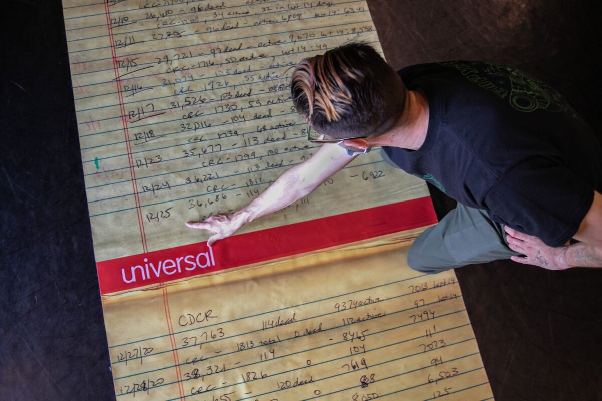 A man points to the date on a large scroll on the floor.