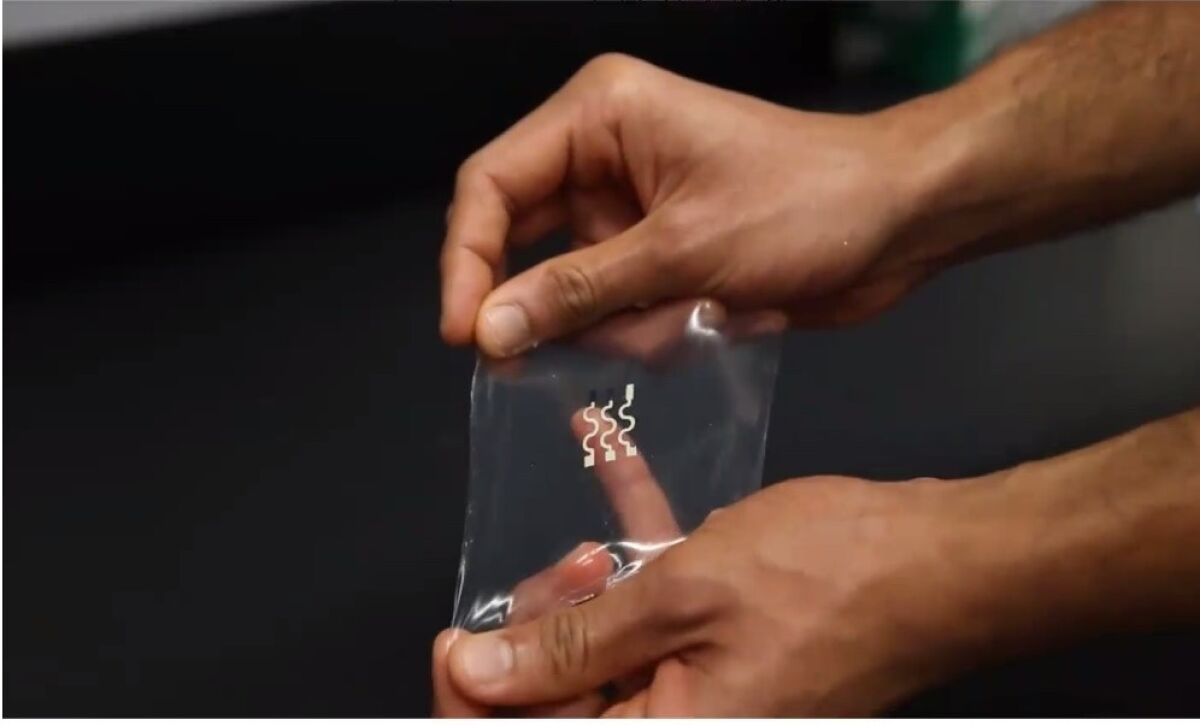 Wearable health sensors being developed by Joseph Wang’s lab are thin, lightweight and flexible.
