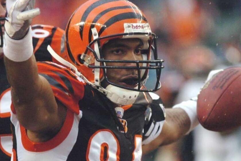 ** FILE ** Cincinnati Bengals receiver T.J. Houshmandzadeh celebrates after scoring on a 30-yard touchdown pass from Carson Palmer in the second half against the Baltimore Ravens, Sunday, Nov. 27, 2005, in Cincinnati. Houshmandzadeh caught nine passes for 147 yards in the Bengals 42-29 win. (AP Photo/Tony Tribble) ORG XMIT: NY180 ORG XMIT: S-S0511292343414792