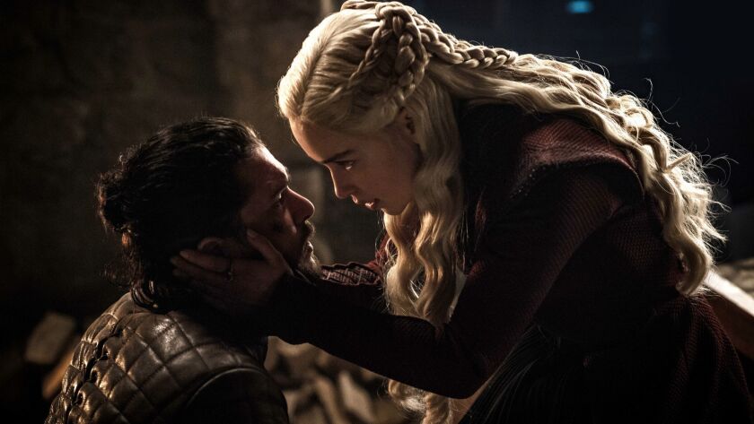 Kit Harington and Emilia Clarke in Season 8, Episode 4 of the HBO series “Game of Thrones.”