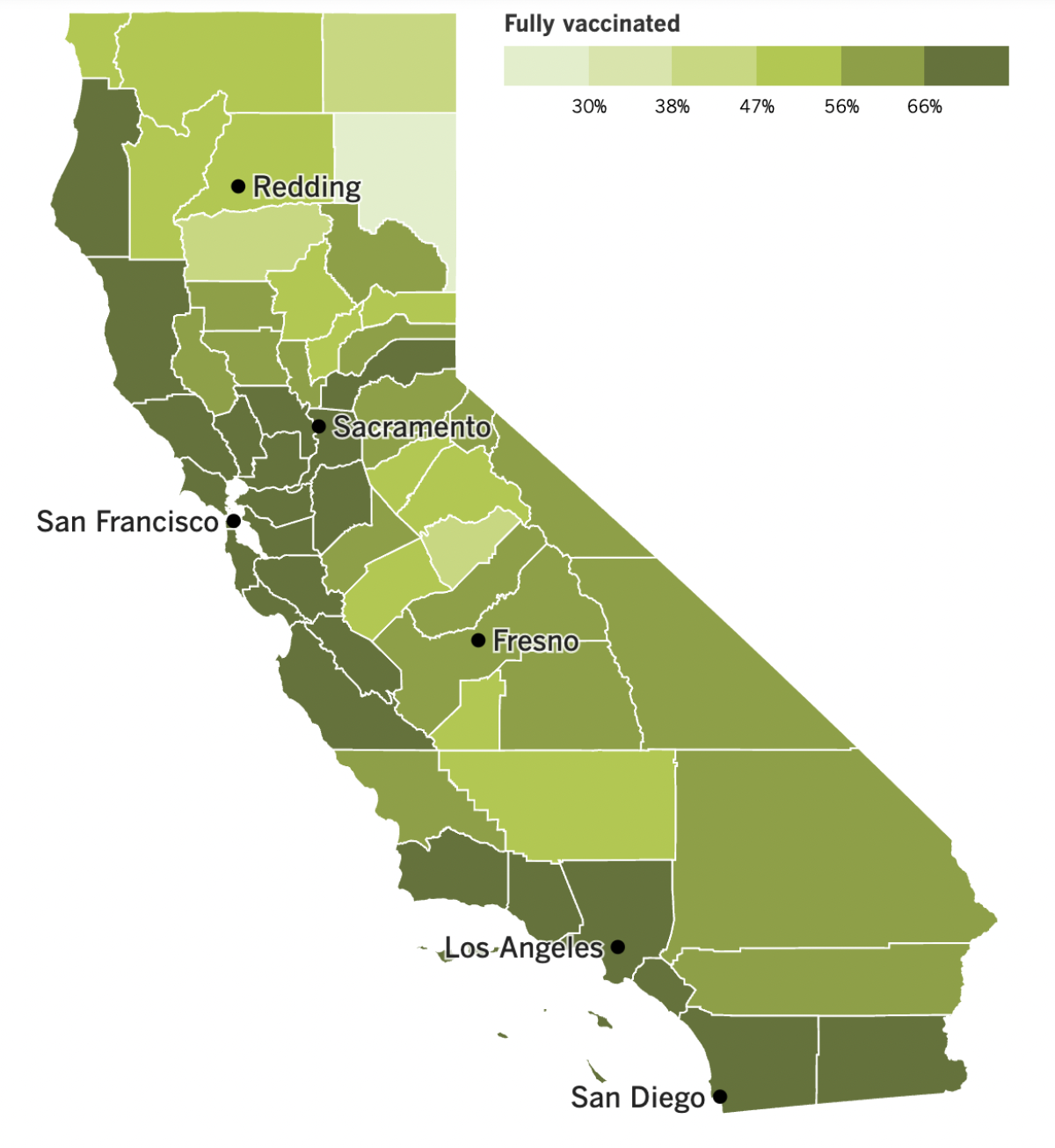 A map showing California's COVID-19 vaccination progress by county as of Oct. 25, 2022.