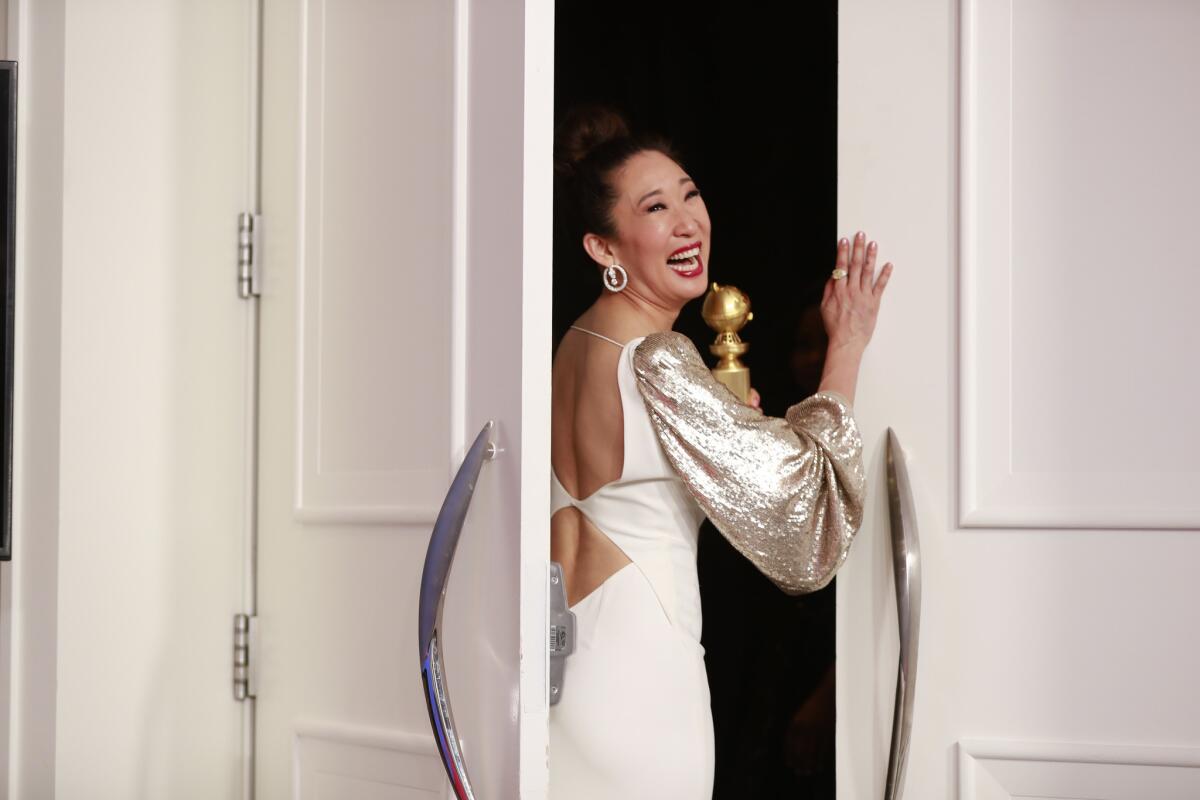 Sandra Oh of "Killing Eve" at the 76th Golden Globes after winning for performance by an actress in a television series -- drama. She also co-hosted the show.