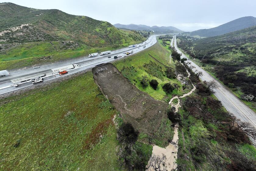 A landslide in late March damaged a portion of Interstate 5 in the southern section of the Grapevine near Pyramid Lake on March 30, 2023.