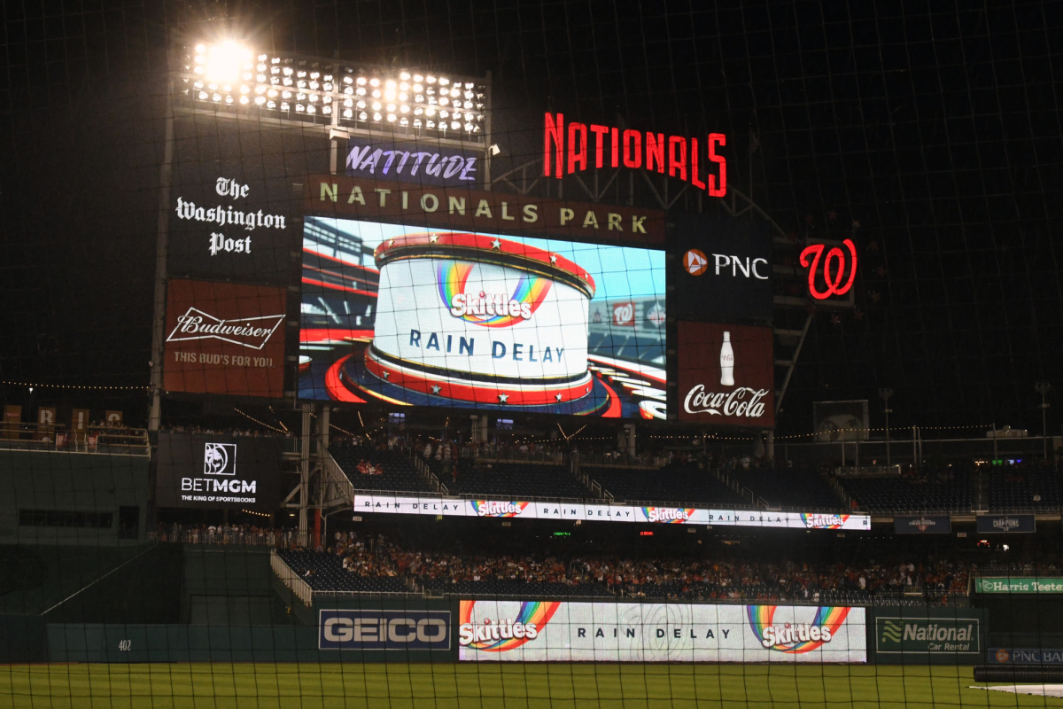 The scoreboard at Nationals Park during Saturday's rain delay.