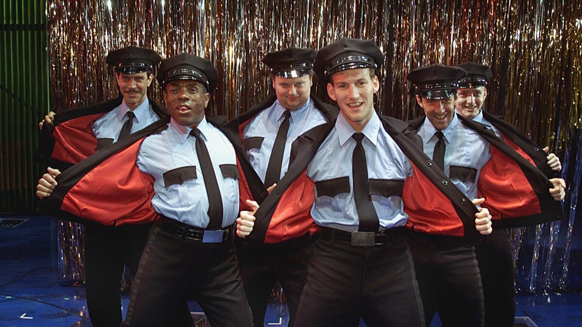 Cast members for "The Full Monty" musical, from left, Marcus Neville, Andre' De Shields, John Ellison Conlee, Patrick Wilson, Romain Fruge and Jason Danieley.