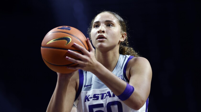FILE - Kansas State center Ayoka Lee during an NCAA basketball game on Saturday, Dec. 18, 2021, in Manhattan, Kan. Lee broke the NCAA women’s single-game scoring record for Division I with 61 points to help Kansas State romp to a 94-65 victory over No. 14 Oklahoma on Sunday, Jan. 23, 2022. (AP Photo/Colin E. Braley, File)