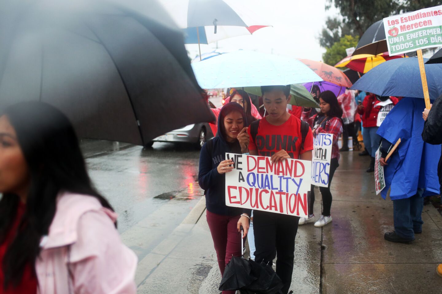 Students picket at the entry of Carson Senior High School in Los Angeles.