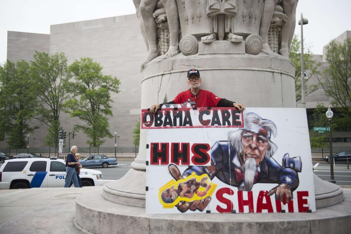 An anti-Obamacare demonstrator outside the D.C. Circuit Court of Appeals.