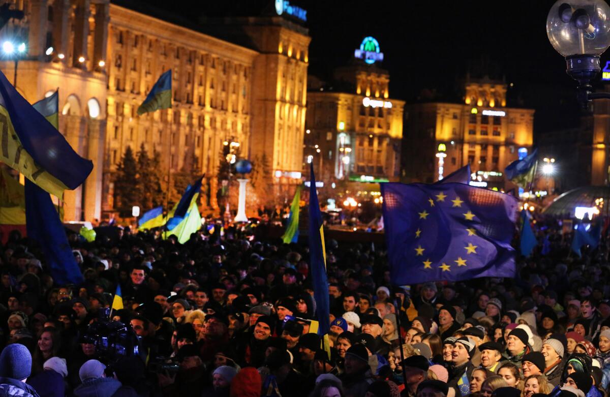 Protesters gather in Independence Square in downtown Kiev on Friday night after the Ukraine abandoned plans to sign a trade and association deal with the European Union.