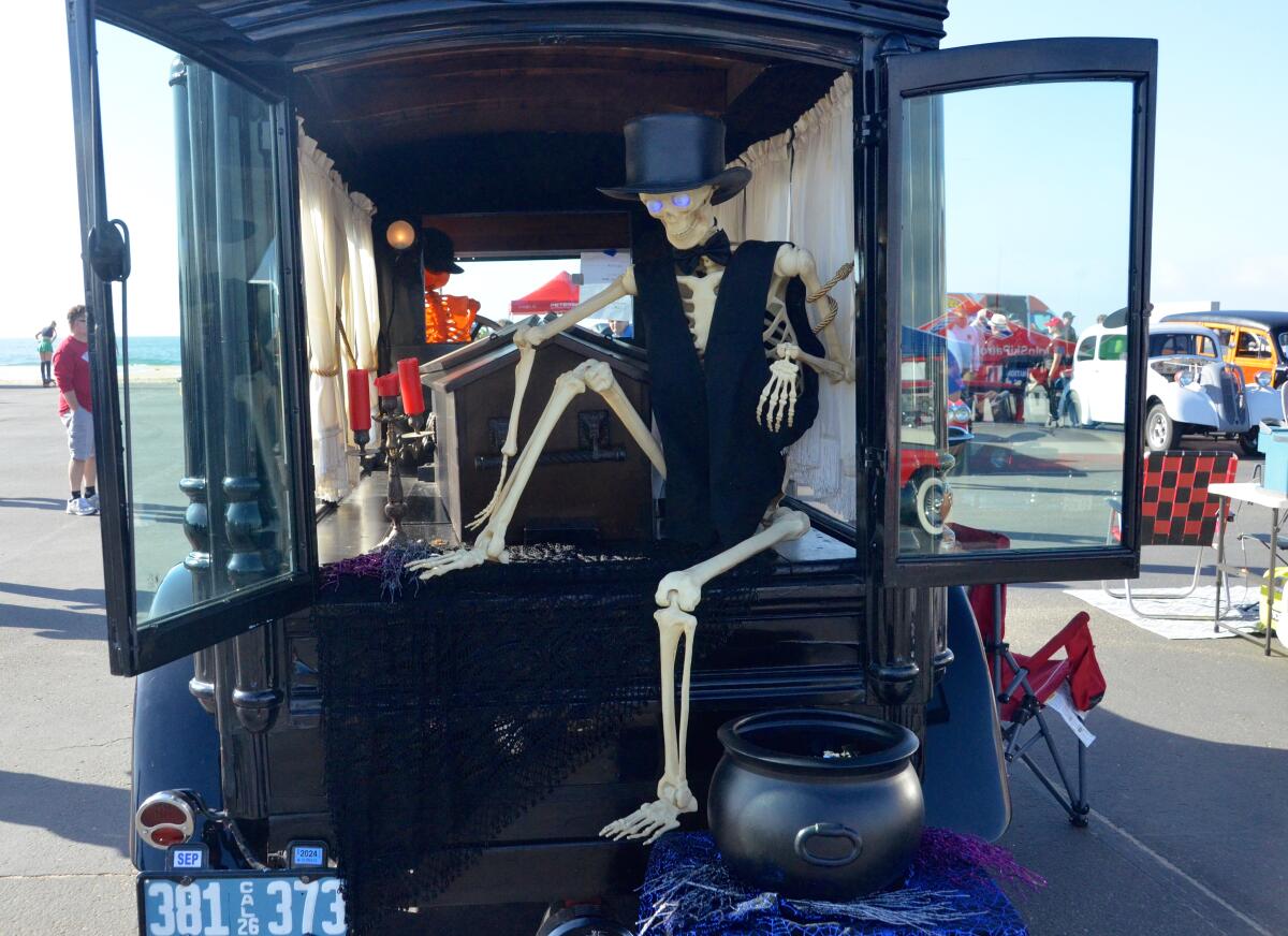 The 1929 Dodge Brothers Hearse with a mortician skeleton and casket.