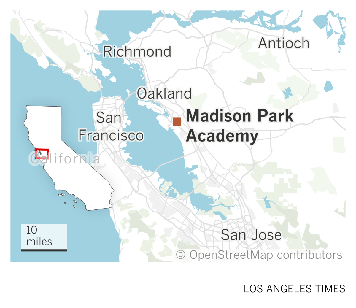 A map of the San Francisco Bay Area shows the location of Madison Park Academy in Oakland