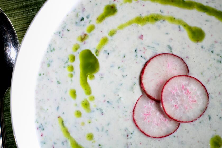LOS ANGELES, CA - JUNE 06, 2013: Buttermilk soup with radishes and peppery green oil in the studio on JUNE 06, 2013. ( Bob Chamberlin / Los Angeles Times )