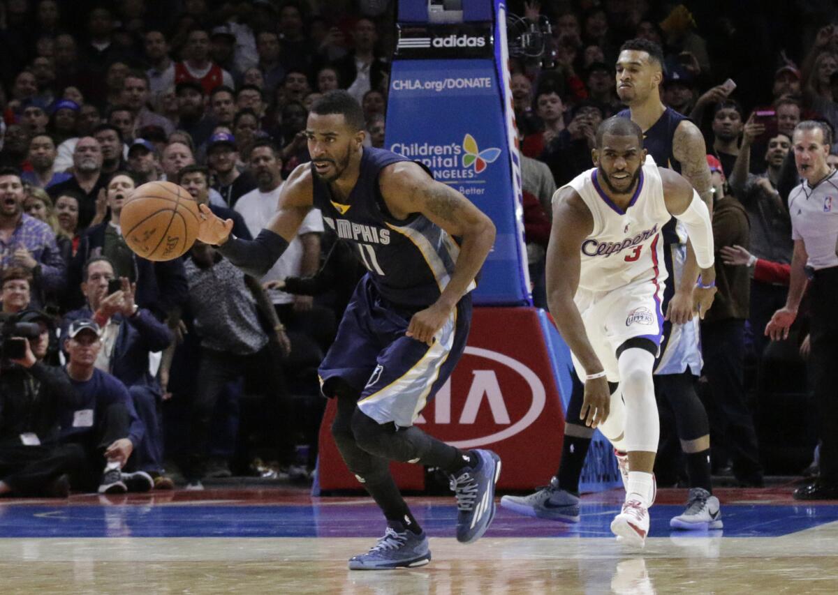 Grizzlies point guard Mike Conley heads the other way after stealing the ball from Clippers point guard Chris Paul in the final seconds Monday.