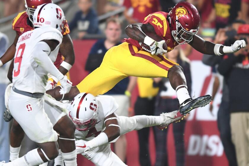 LOS ANGELES, CALIFORNIA SEPTEMBER 9, 2017-USC runing back Roanld Jones scores a touchdown late in the 4th quarter against Stanford at the Coliseum Saturday. (Wally Skalij/Los Angeles Times)