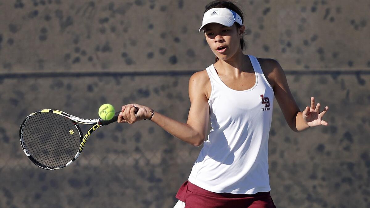 Senior Megan Mindte, shown competing against Marina on Oct. 4, is a key player for the Laguna Beach High girls' tennis team. The Breakers play rival Huntington Beach for the CIF Southern Section Division 3 title on Friday.