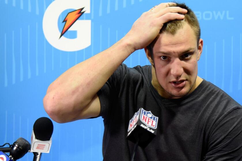 MINNEAPOLIS, MN - FEBRUARY 04: Rob Gronkowski #87 of the New England Patriots speaks to the media after losing to the Philadelphia Eagles 41-33 in Super Bowl LII at U.S. Bank Stadium on February 4, 2018 in Minneapolis, Minnesota. (Photo by Larry Busacca/Getty Images) ** OUTS - ELSENT, FPG, CM - OUTS * NM, PH, VA if sourced by CT, LA or MoD **