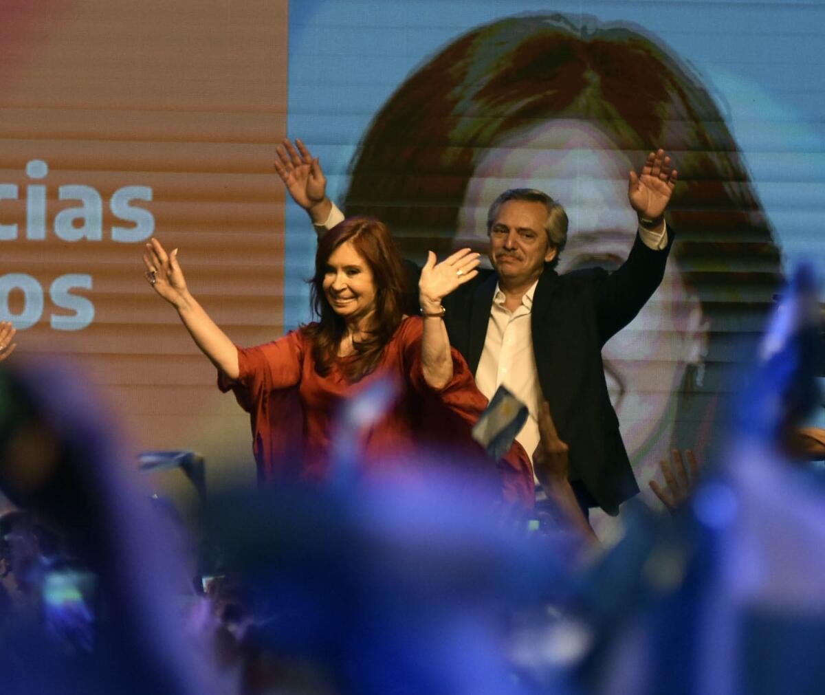 The newly elected Argentinian President Alberto Fernandez and his vice president, Cristina Fernández, celebrate the victory Oct. 28 in the general elections in Buenos Aires.