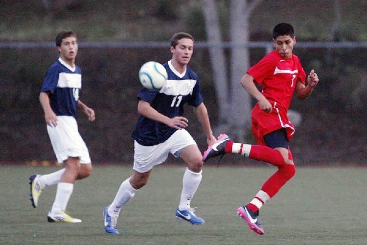 Marshall's Alex Palma, right, controls the ball during a game against Flintridge Prep at Glendale Sports Complex.