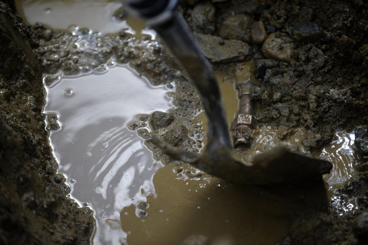 A hole reveals some copper and some lead pipes servicing two houses Monday, March 21, 2016, in Flint, Mich.