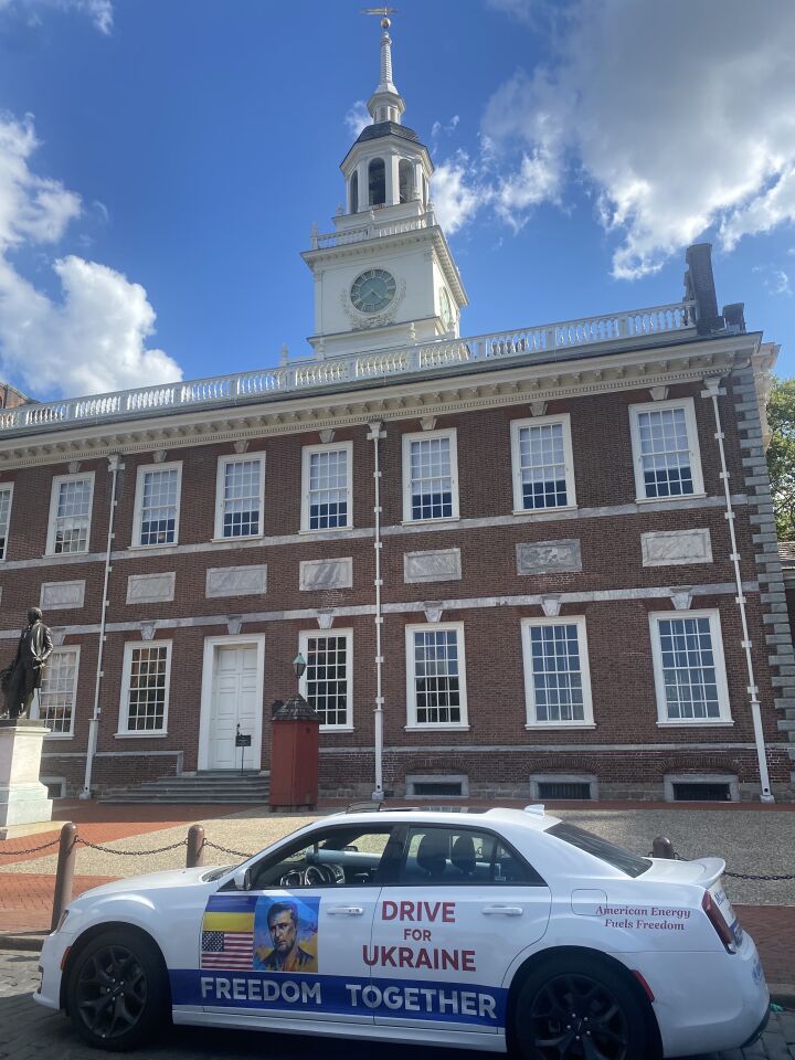 The Drive for Ukraine Tour vehicle in front of historic Independence Hall.