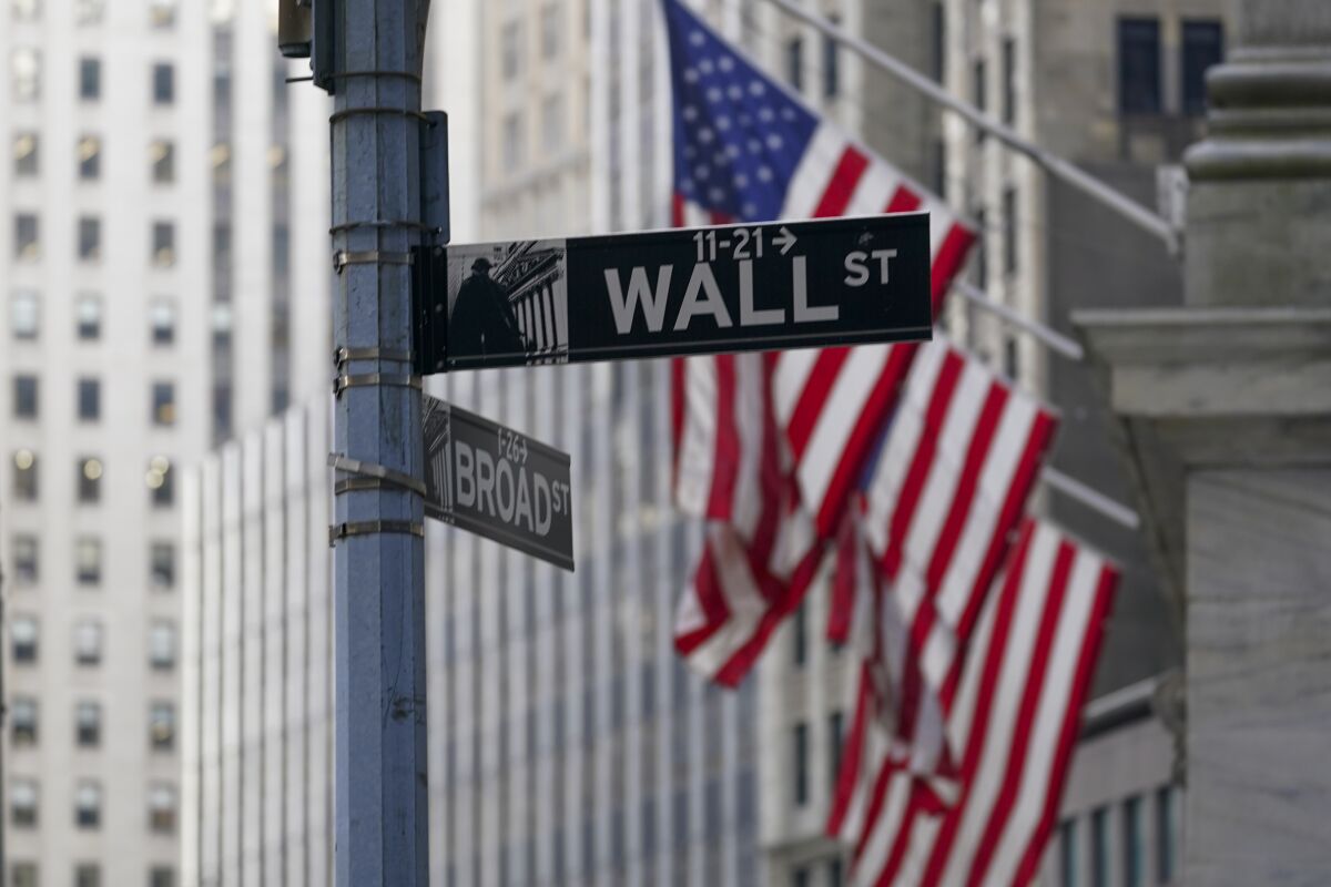 A Wall Street sign is framed by  American flags 