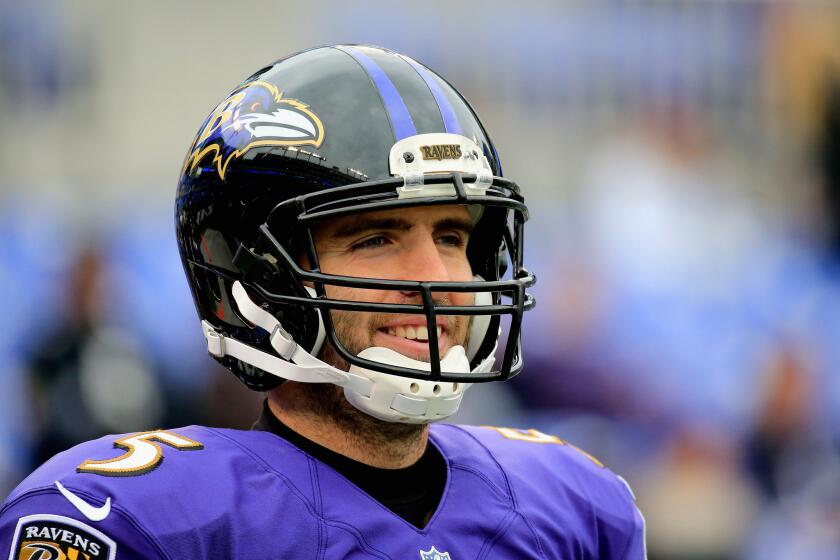 Ravens quarterback Joe Flacco looks on before a game against the Jacksonville Jaguars on Dec. 14. Baltimore beat Jacksonville, 20-12.