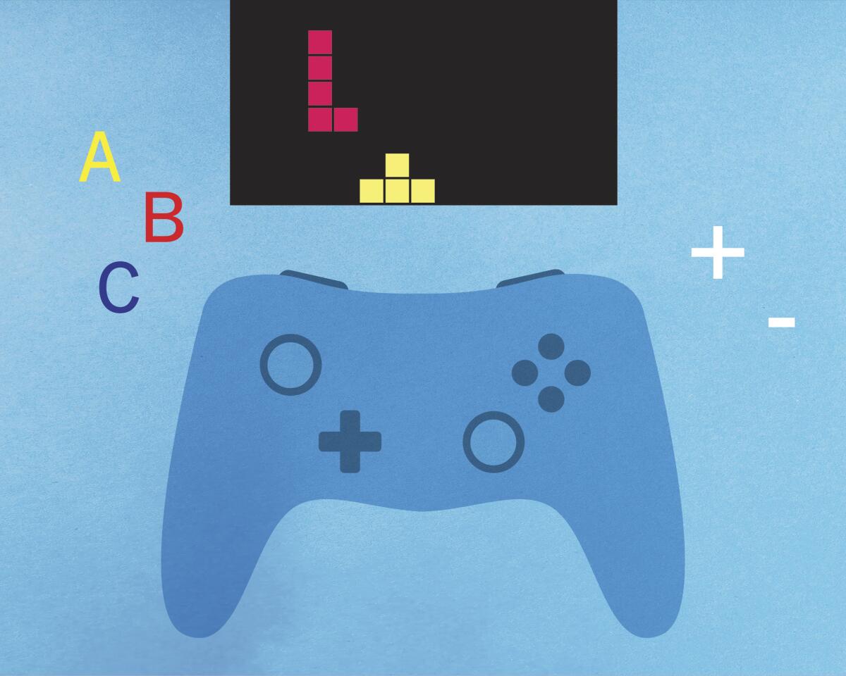 illustration of a video game controller in front of a screen with Tetris blocks