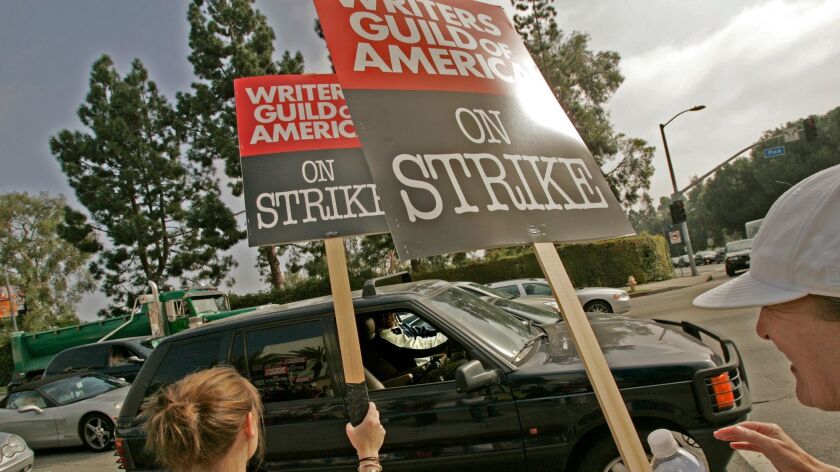 Picketers demonstrate in 2007 during the Writers Guild of America strike. (Anne Cusack / Los Angeles Times)