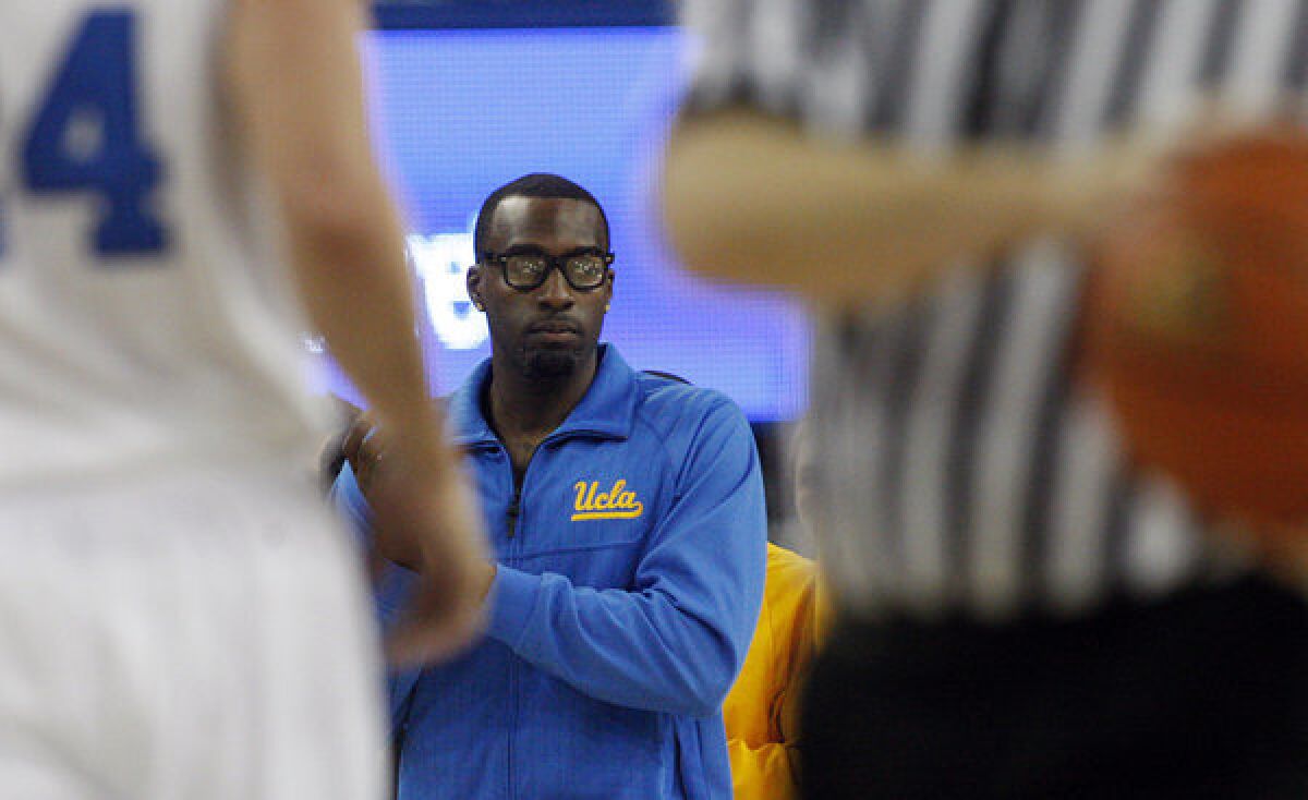 Shabazz Muhammad watches from the bench as the Bruins play Indiana State in their home opener Nov. 9. The NCAA had declared Muhammad ineligible for a violation of its amateurism rules hours earlier. Muhammad was reinstated after sitting out three games.