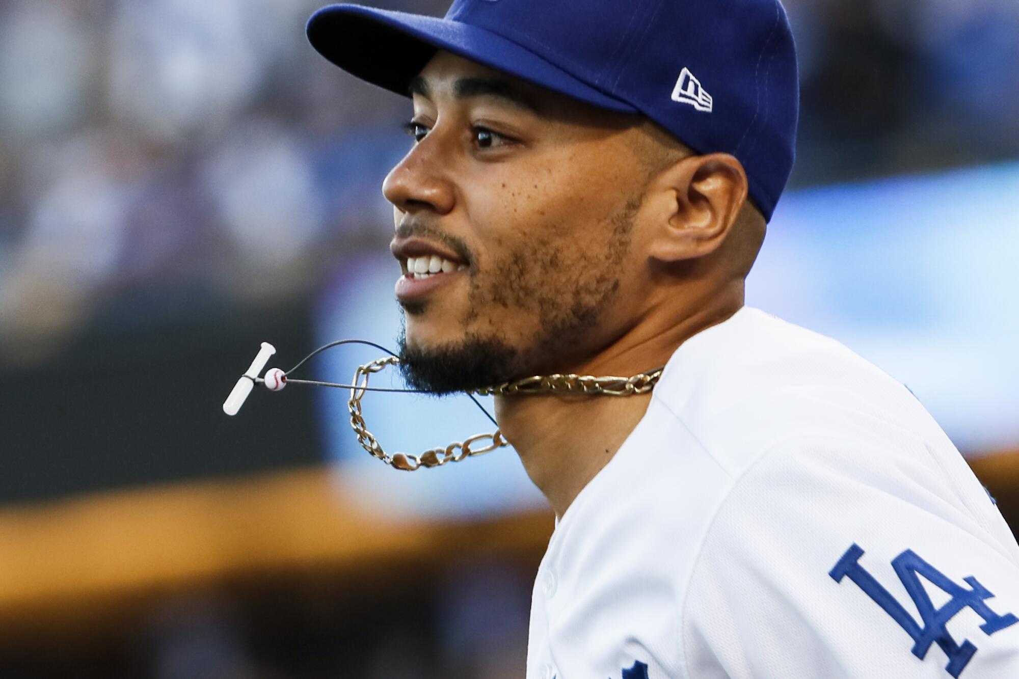 Los Angeles Dodgers right fielder Mookie Betts (50) is introduced before the game.