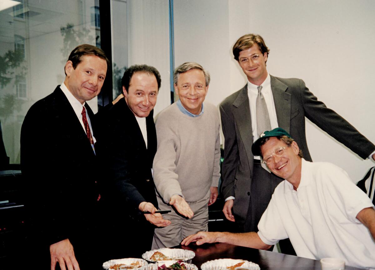 In David Letterman's new office at CBS after his deal closed: from left, Michael Ovitz, Robert Morton, Peter Lassally, Jay Moloney and Letterman.