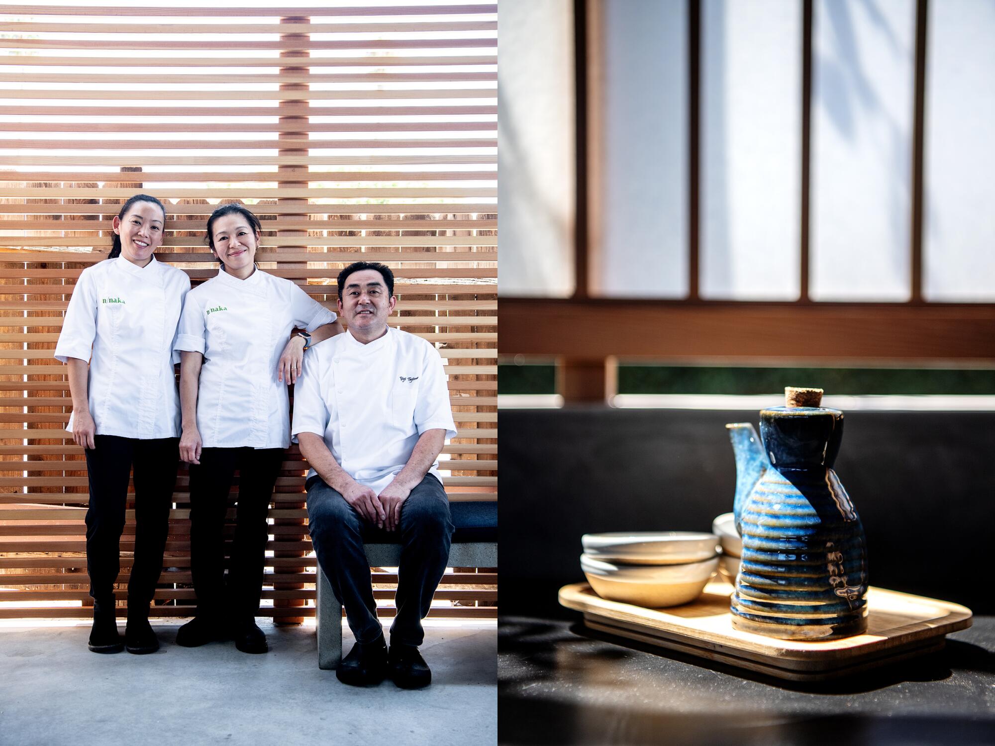 Three people in chef's clothing, left, and serving dishes, right.