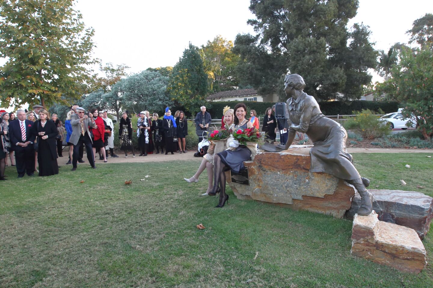 Jenny Freeborn and sculptor Nina de Burgh at the Lilian Rice statue