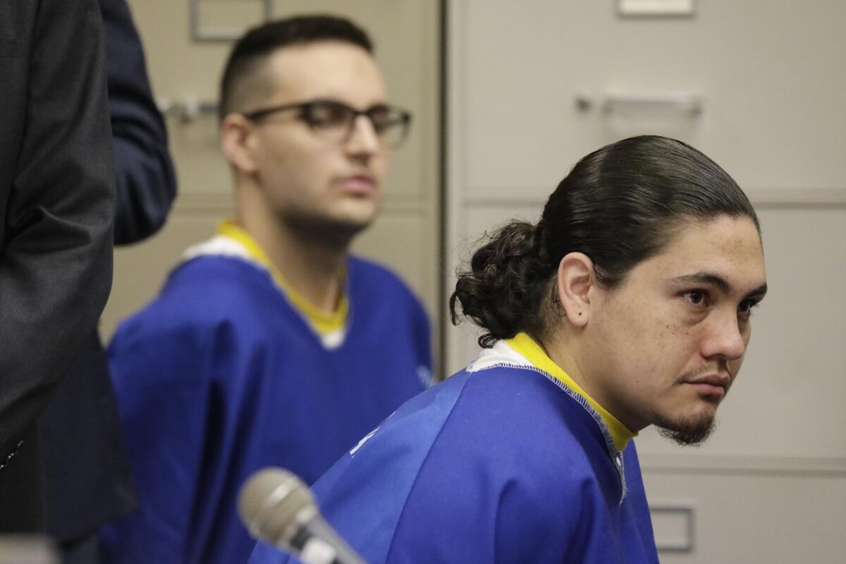 Jacob Zamora, right, and Corey Kiefer appear in Norwalk court, where they pleaded guilty to vehicular manslaughter for their involvement in a December 2016 street race that left Natalie Volkoff dead.