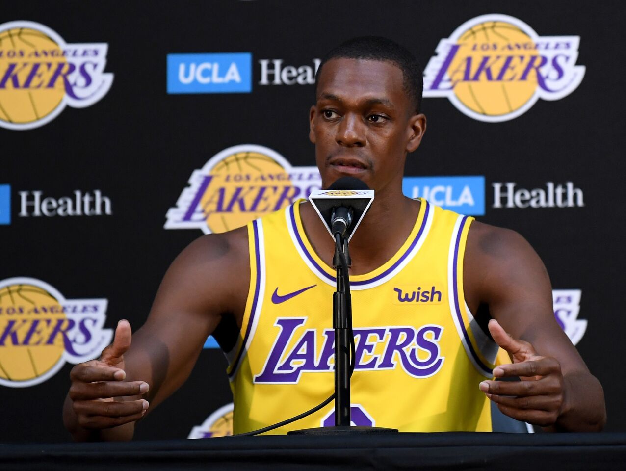 EL SEGUNDO, CA - SEPTEMBER 24: Rajon Rondo of the Los Angeles Lakers speaks to the press during the Los Angeles Lakers Media Day at the UCLA Health Training Center on September 24, 2018 in El Segundo, California. (Photo by Harry How/Getty Images) ** OUTS - ELSENT, FPG, CM - OUTS * NM, PH, VA if sourced by CT, LA or MoD **