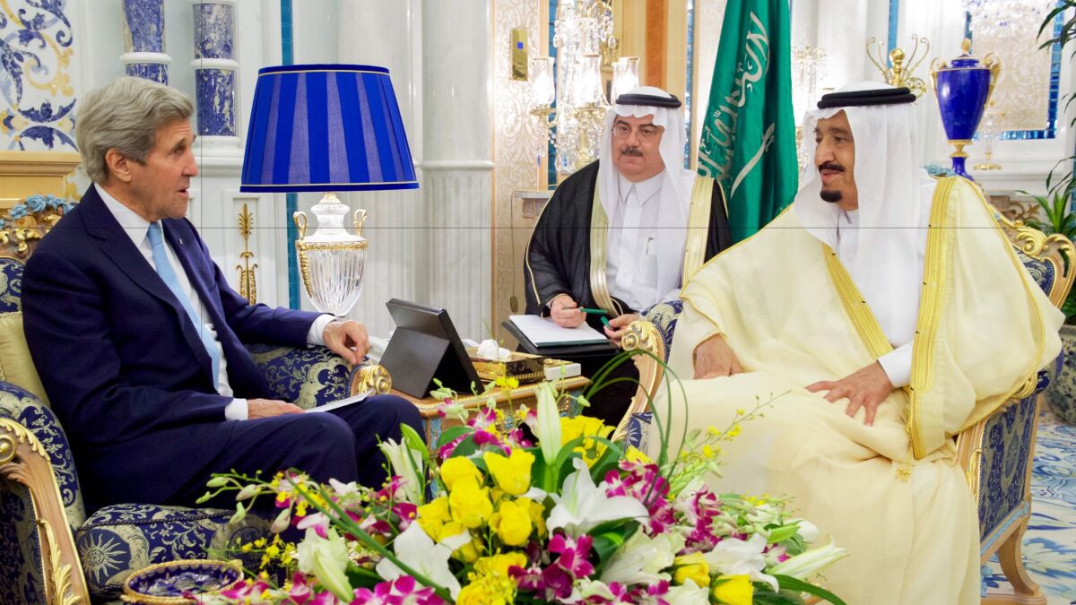 Secretary of State John Kerry meeting Sunday with Saudi King Salman (right)